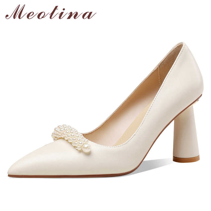 

Meotina High Heels Real Leather Women Shoes Sheepskin Square Heel Pumps Pearl Pointed Toe Ladies Footwear Spring Beige Size 43 210608