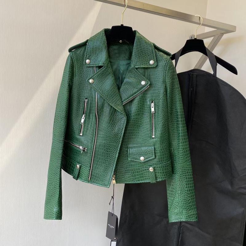 

Women' Leather & Faux Short Length Coat Spring Women 2021 Fashion Green Color Genuine Jacket Crocodile Texture High Quality Locomotive