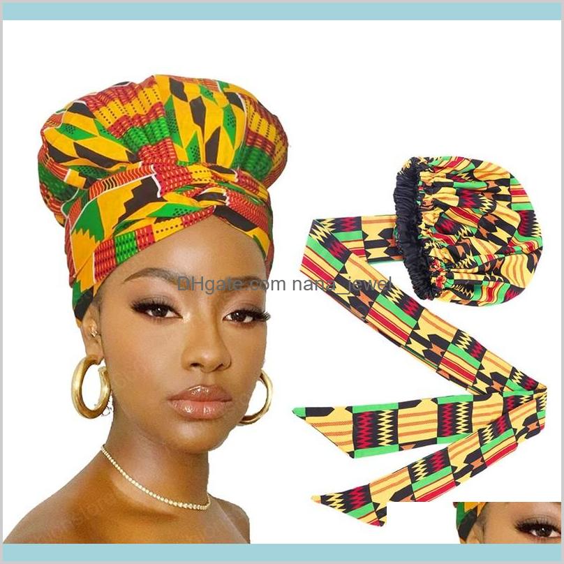 

African Print Satin Bonnet With Long Ribbon Wrap Double Layer Headwrap Ankara Pattern Women Hair Cover Large Size Hair Wrap Cap Aj5Up Lwu4Y, Blue;gray