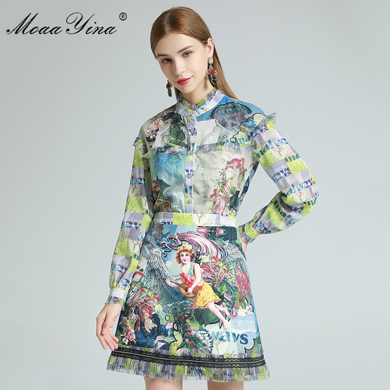 

Fashion Designer Set Spring Women' Ruffles Long sleeve Blouses Tops+Cartoons Anime Floral-Print Skirt Two-piece set 210524, Multi