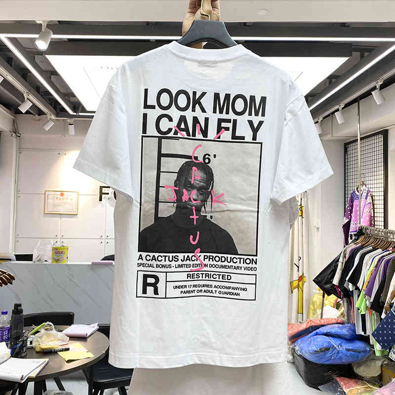 

2021 Oversized Cactus Jack Travis Scott Look Mom I Can Fly T shirt Men Women Best Quality Tops Tee clothing, White;black