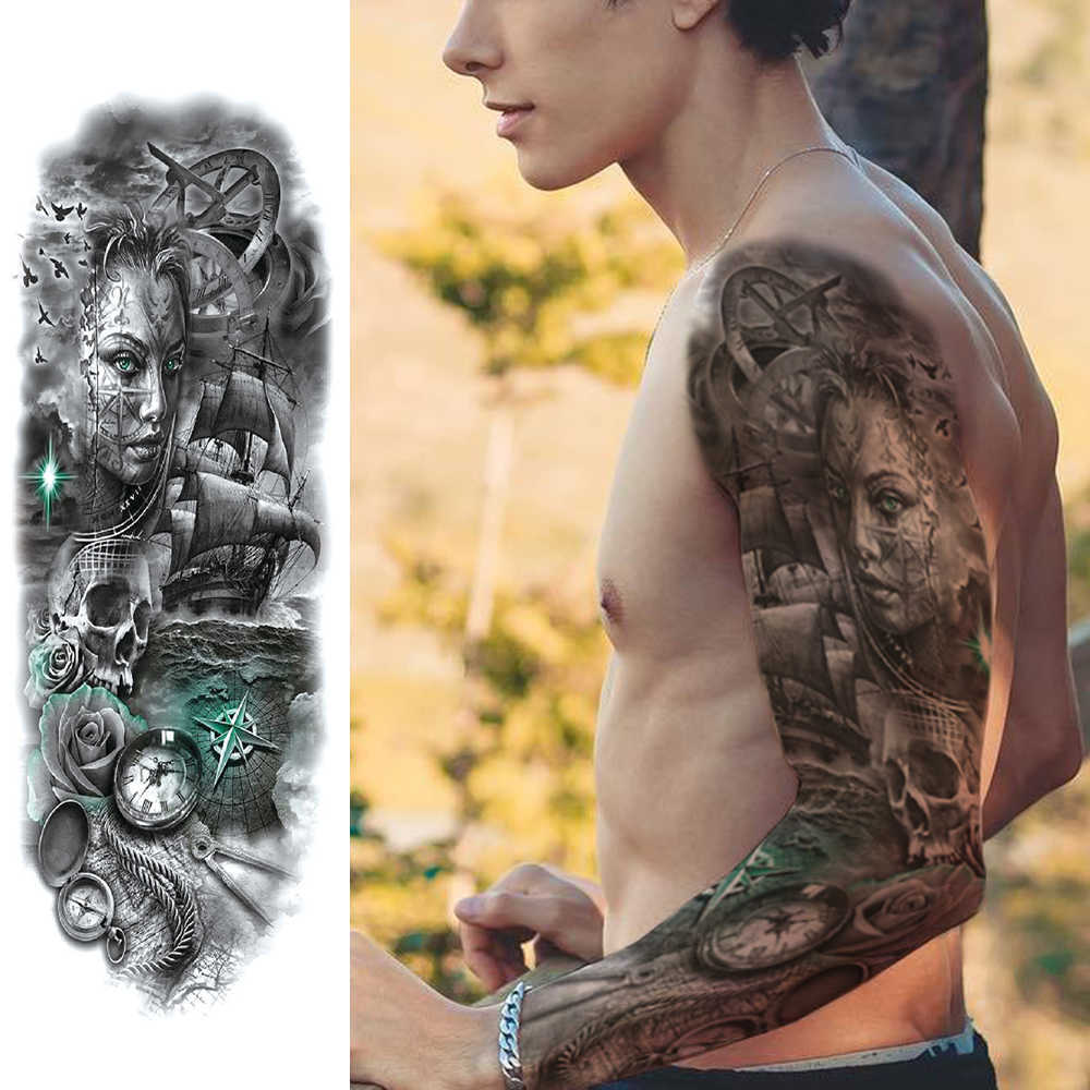 

Temporary Waterproof Sticker Eye Bird Watch Pagoda Full Arm Large Size Fake Flash Tattoo Sleeve Tato for Men