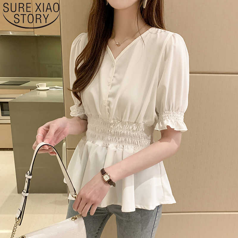

Summer Lantern Sleeve Waist Hugging Slim Chiffon Shirt Summer Korean Style All-match Short-Sleeve Blouse Women 8971 50 210527, White