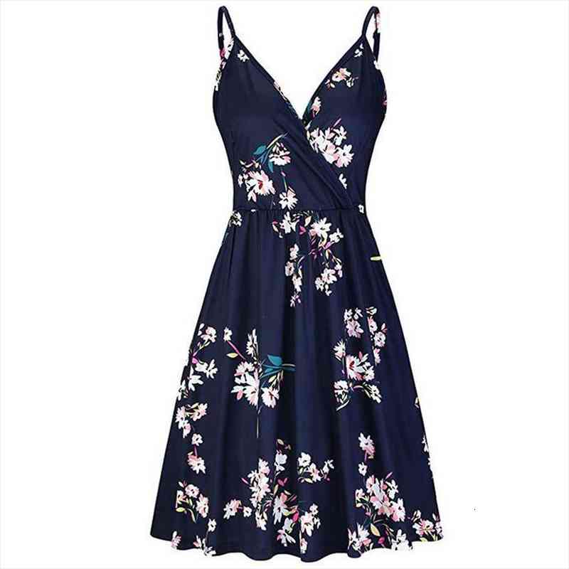 

summer v-neck backless mini sleeveless womens dresses spaghetti strap sling floral printed pleated beach vestido, Black;gray