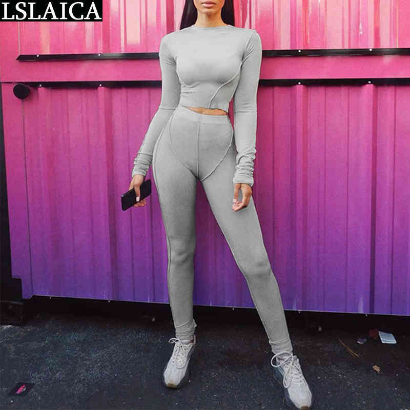 

Two Piece Set Women Bodycon Long Sleeve ONeck Autumn Tracksuit Fashion Solid Fitness Sets Gym Clothes Outfit Matching 210520, Black
