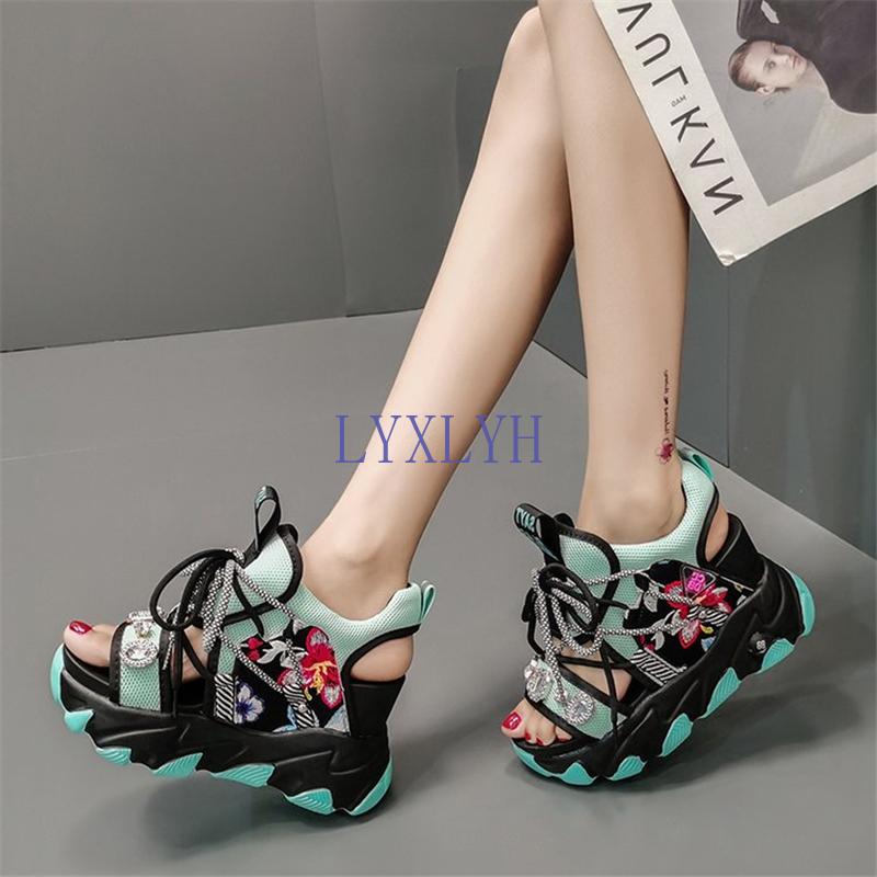 

Wedges Platform Sandals Women 2021 Summer Breathable Rhinestones High Heels Ladies Shoes Height Increasing 8.5cm, Black