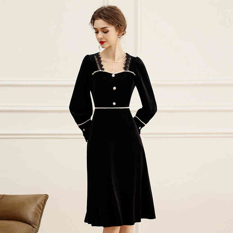 

Casual Dresses Zhili winter dress lady temperament pearl lace high waist medium length golden velvet skirt 6ED9, Black