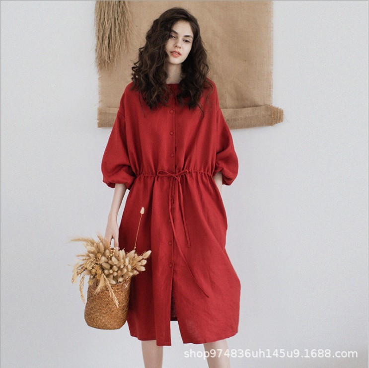 Robe en lin rouge 2021 Printemps et été NOUVEAU 5 / s Moyen-longueur Robe de coton à col rond Robe d'été pour femmes