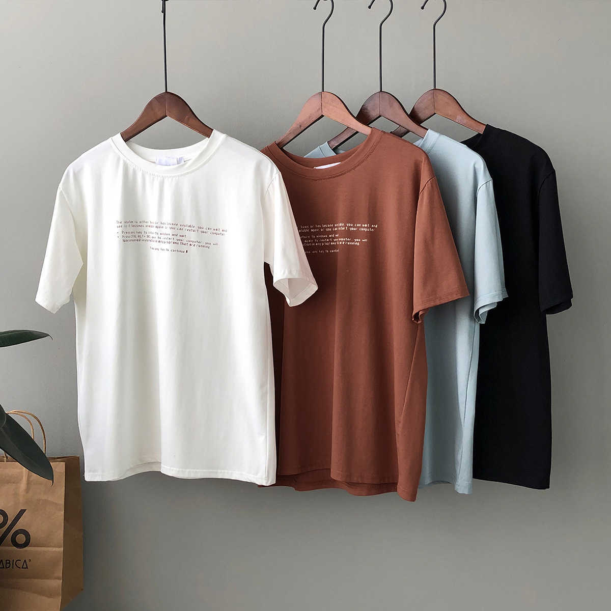 

Simple Letter Print Loose T-shirt Women's Spring Korean O-neck Short-sleeved Top Female 210607, Brown