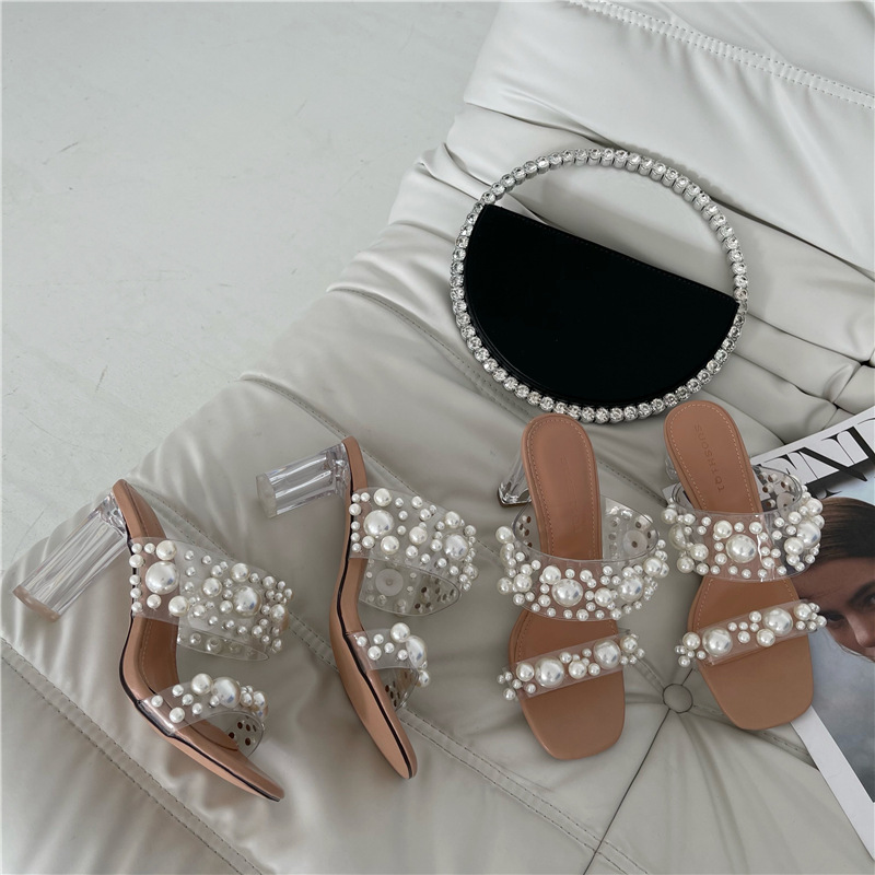 

2021 early spring new women's shoes middle heel pearl transparent high-heeled sandals, White