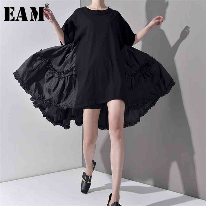 

[EAM] Spring Summer Round Neck Half Sleeve Pleated Split Joint Loose Oversize Big Size Dres Fashion JS7910 210701, Black