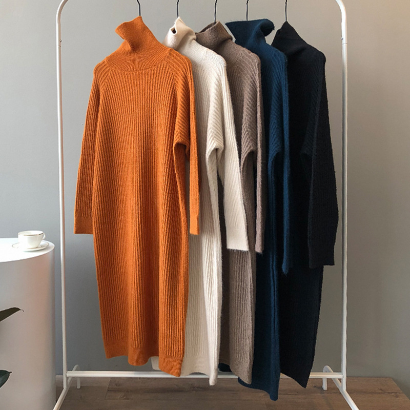 

Fall Winter Women's High Neck Long Over The Knee Jumper Pullover Lazy Wind Sweater Knitted Dress Female Inner Base 210520, Darkblue