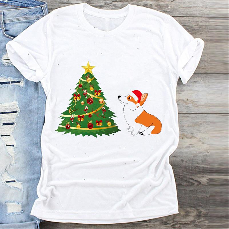 

Women T Shirts Year Dog Cartoon Clothing Cute Merry Christmas Print Clothes Graphic Tshirts Top Shirt Ladies Tee, White