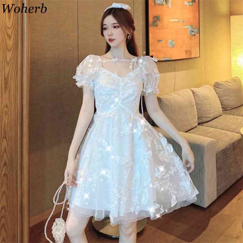 

Dress Women Elegant Gauze Butterfly White Robe Embroidery Sweet Puff Sleeve Vestidos Sequins Patchwork Lace-up Dresses 210519