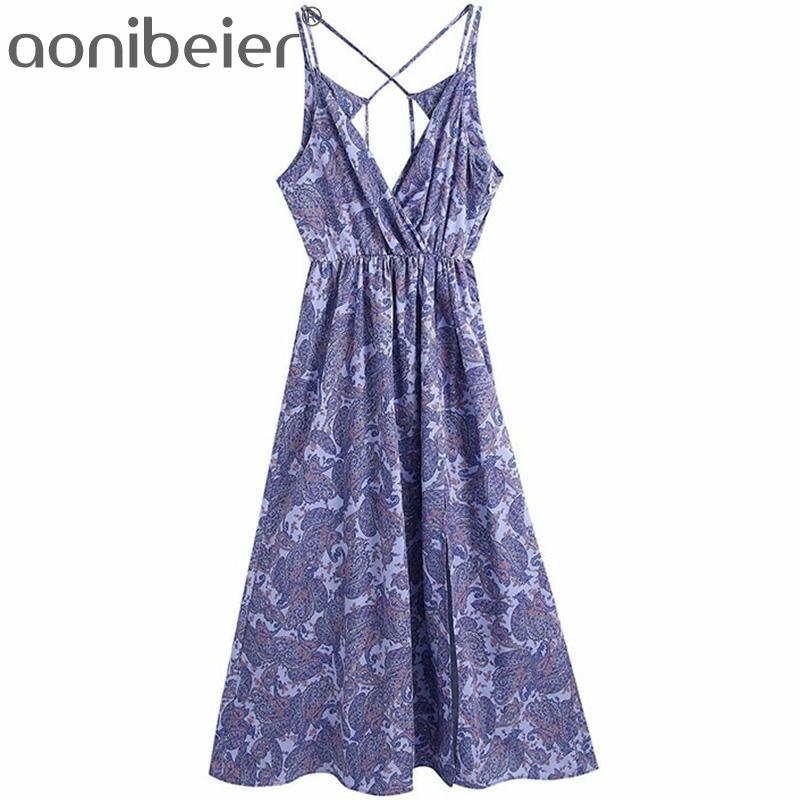 

Retro Paisley Print Casual Beach Long Midi Dress Summer Sleeveless Backless High Waist Spaghetti Strap for Women 210604, Skirts