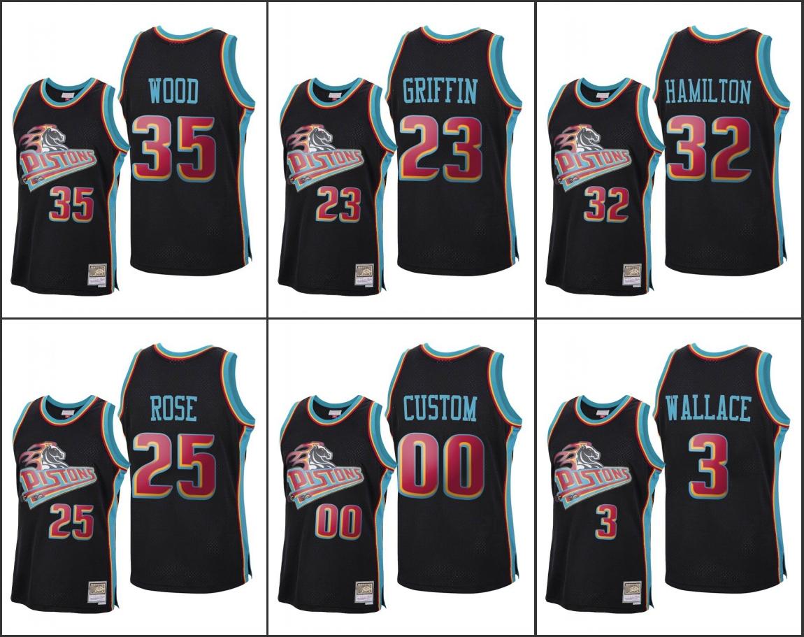 

DetroitPistonsMen Derrick Rose Blake Griffin Richard Hamilton Christian WoodNBA 2020 Reload Classic Black Custom Jersey