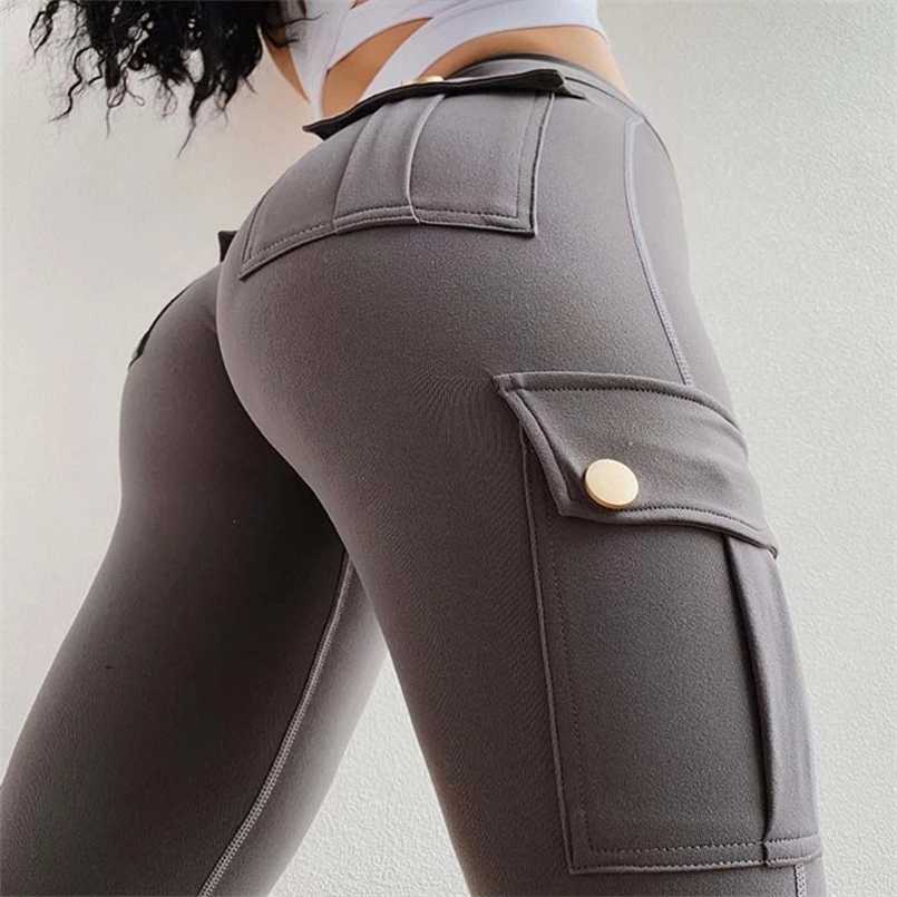 

FOXKANKENING Women Slim Leggings High Waist Elastic Push Up Pockets Legging Female Workout Fitness Leggins Femme Sportswear 211108, Dark grey