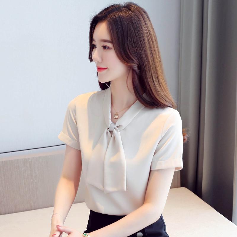 

Women' Blouses & Shirts Summer Fashion Chiffon Solid Color Casual Ladies Shirt Bow Short Sleeve Tops, Beige