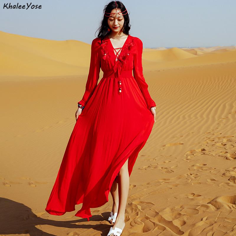 

Casual Dresses Khalee Yose Red Vintage Maxi Dress Spring Ethnic Holiday Women Long Sleeve Elastic V-neck Ladies Split Sexy