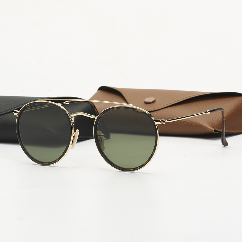 

Fashion Round Sunglasses Womens Double Bridge Sun Glasses Mens Eyeware Des Lunettes De Soleil UV Protection Glass Lenses with Leather Case and red line Stickers