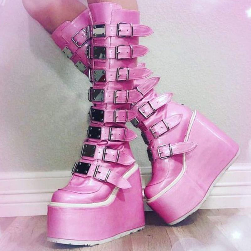 

Boots Lapolaka Fashion Women Shoes Motorcycle Super Cute Pink Knee-High With Metal Decoration Platform Winter Party Dress, Black