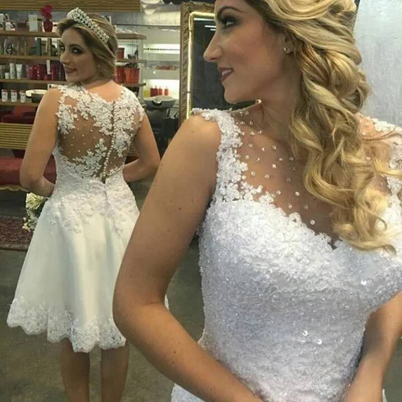 

Elegant Sleeveless Short Wedding Dresses Knee Length Tank Bridal Gowns Beaded Gown Appliqued Bride Dress Vestido De Noiva, White
