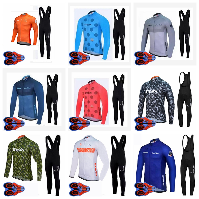 

STRAVA team Mens Cycling long Sleeves jersey 9D bib pants sets Breathable Road racing bike clothing Ropa Ciclismo 032506, Black;red