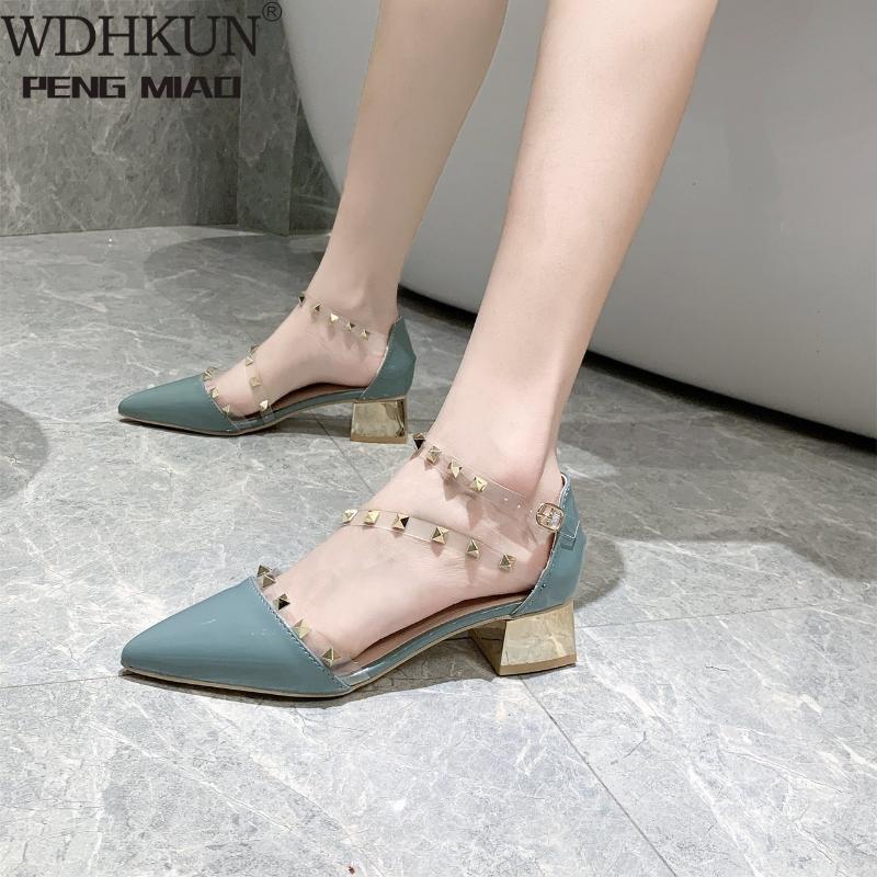 

Women's Shoes Rivets Sandals Female Summer Thick With Fine High-heeled Pointed Stiletto Sexy Nightclub Word, Black