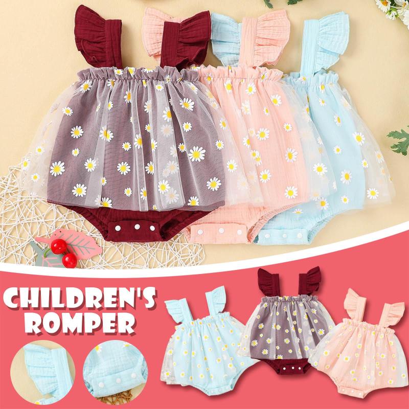 

Rompers Born Baby Girls Daisy Print Mesh Tutu Skirt Bodysuit Summer Sleeveless Romper Clothes Sunsuit Ropa Niña, Red