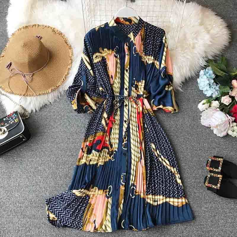 

Spring Chiffon Dress Long Sleeve Loose Print Pleated Dress Women Fashion Stand Single-breasted Plus Size Mini Dresses 210521, Blue