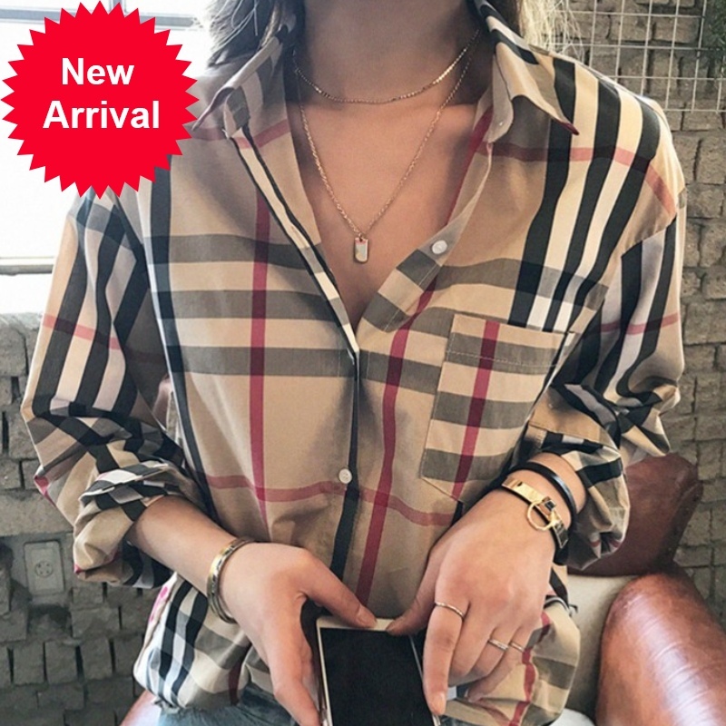 

2021 Woman Girls Classic Plaid Shirt Spring Autumn Korean Loose All-match Vintage Long Sleeve Lapel Button Casual Shirts, White