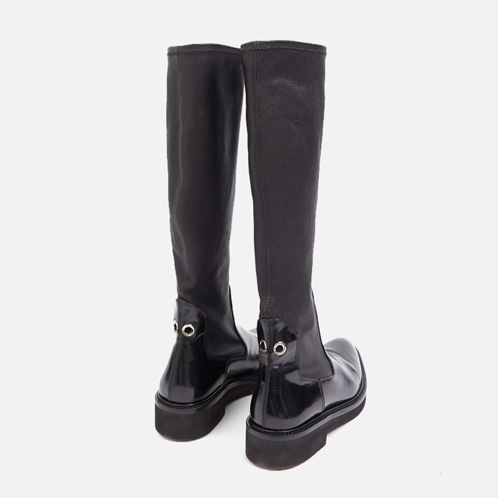 

boots womans knee-hig black leather pointed toe flat with heel thin elasticity british style footwear handmade shoes 5abp
