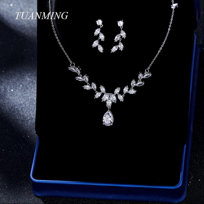 

Wedding Jewelry Sets Fashion Silver Gold Bridal Zircon Crystal Necklace Earrings Set For Women Accessories Pageant Drop, Slivery;golden