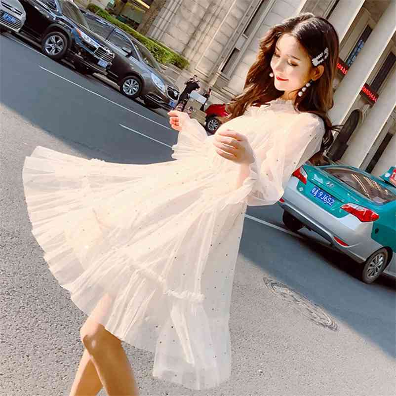 

Paris Girl Summer dress Women Star Sequins Gauze Flare Sleeve High Waistline Princess Dresses Female Elegant O-neck Mesh Dress 210524, Blue