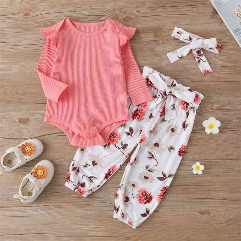 

Winter Children Sets Long Sleeve O Neck Pink Solid Romper Print Floral Trousers Cute 2Pcs Girls Boys Clothes 0-2T 210629