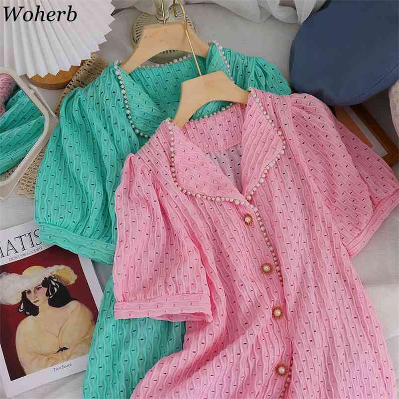 

Elegant Hollow Out Blouse Women Summer Sweet Pearl Beading Buttons Solid Ladies Top Puff Sleeve Shirt Korean Casual Blusa 210519, White