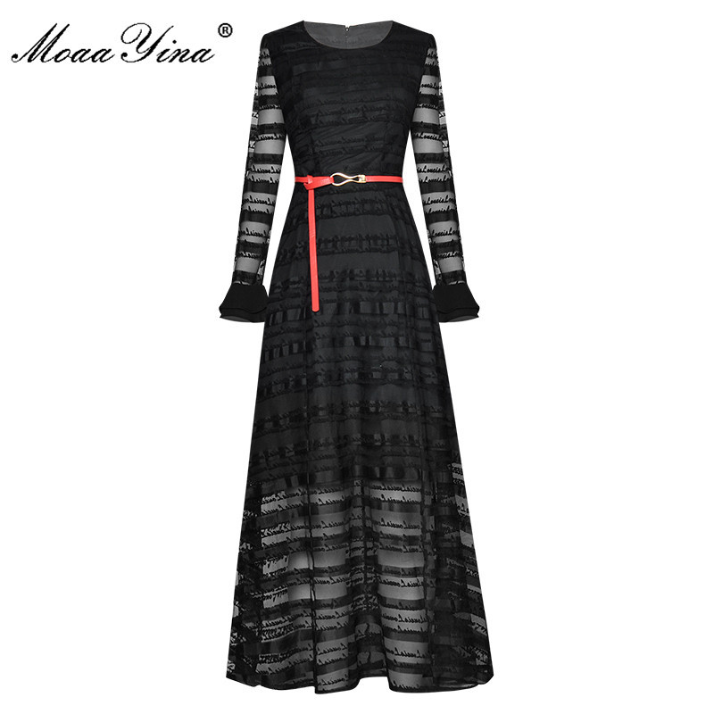 

Fashion Designer dress Spring Women's Dress Long Sleeve Mesh Stripe Black Elegant Dresses 210524
