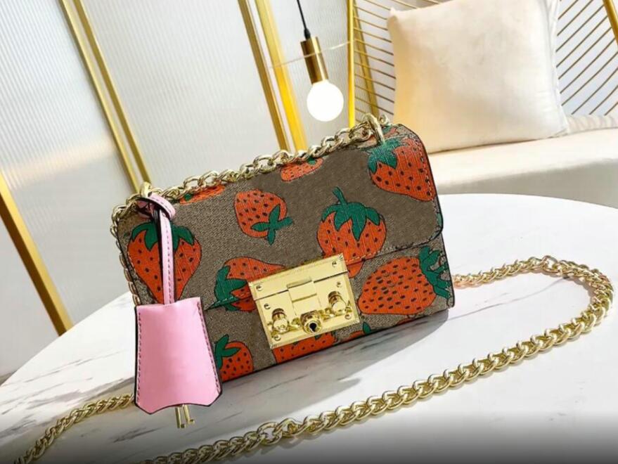 

Fashion Women Strawberry printing shoulder bags gold chain crossbody bag fashions leather handbags female famous designer purse Bag, Khaki