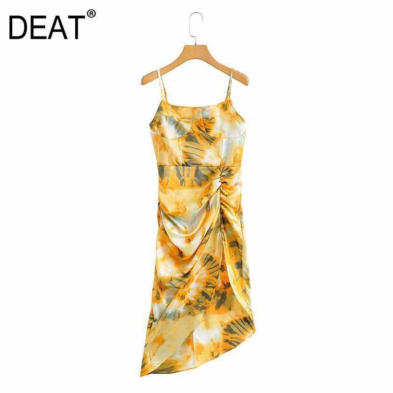 

[DEAT] Summer Fashion High Waist Spaghetti Strap Sleeveless Printing Temperament Elegant Mini Dress 13W495 210527, Green