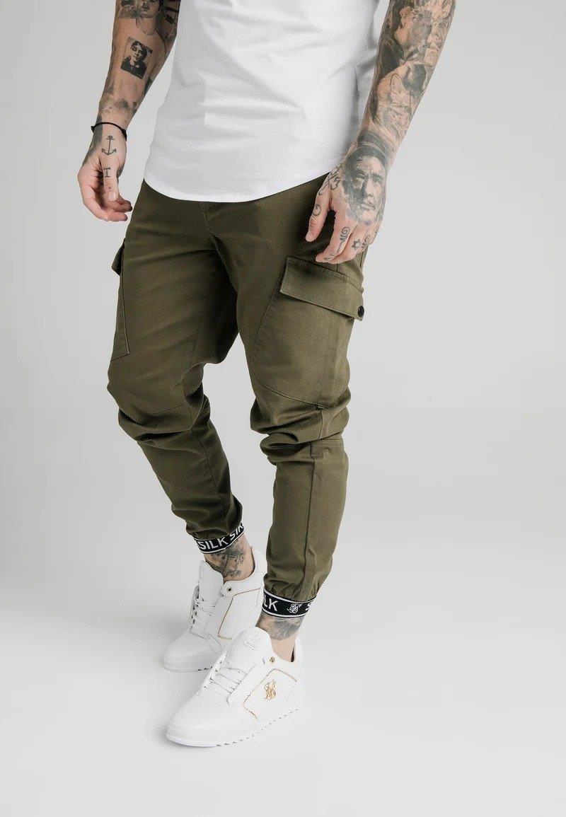 

men's pants siksilk cargo banded elasticated trousers khaki, Black
