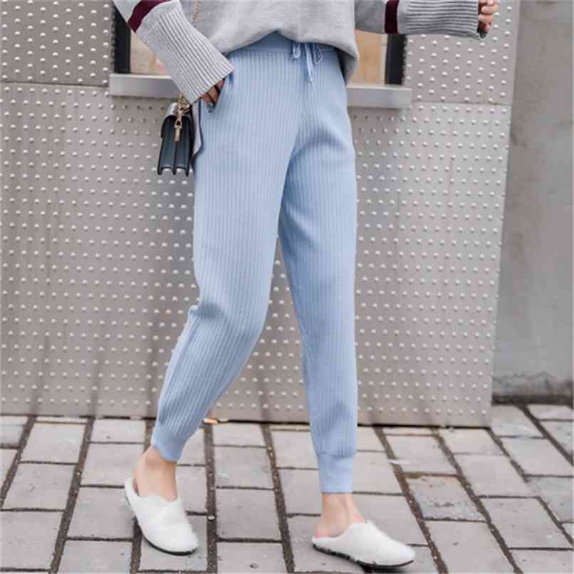 

Mid Waist Knitted Harem Pants Women Trousers Drawstring Skinny Pockets Striped Sweatpants pantalon femme 210520, Rice white