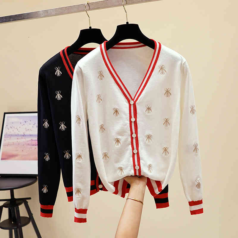 

Women's Sweaters wholesale girls plus size Trui Fashion Designer Bee Board construction Vest Long Mouwen Single Breasted Contrast Colour Button Used sweaters, White