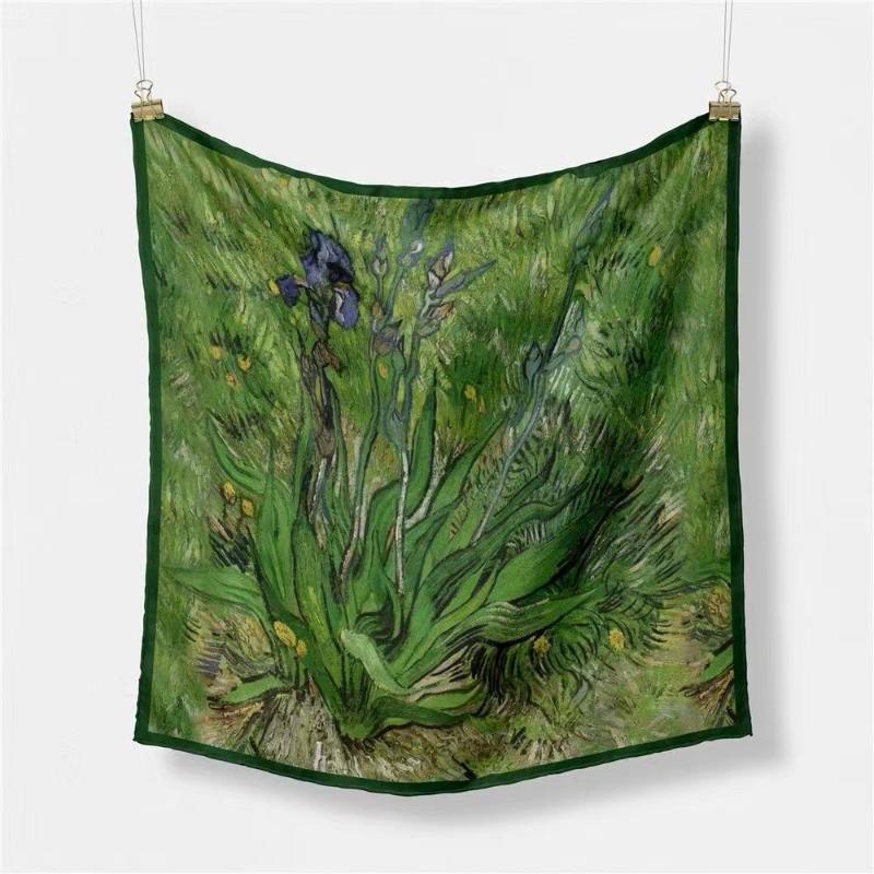 

Scarves 53CM Floral Oil Painting Print Twill Silk Small Square Scarf Jewelry For Women Female Accessories Hijab Bandana Office Gift, Blue;gray