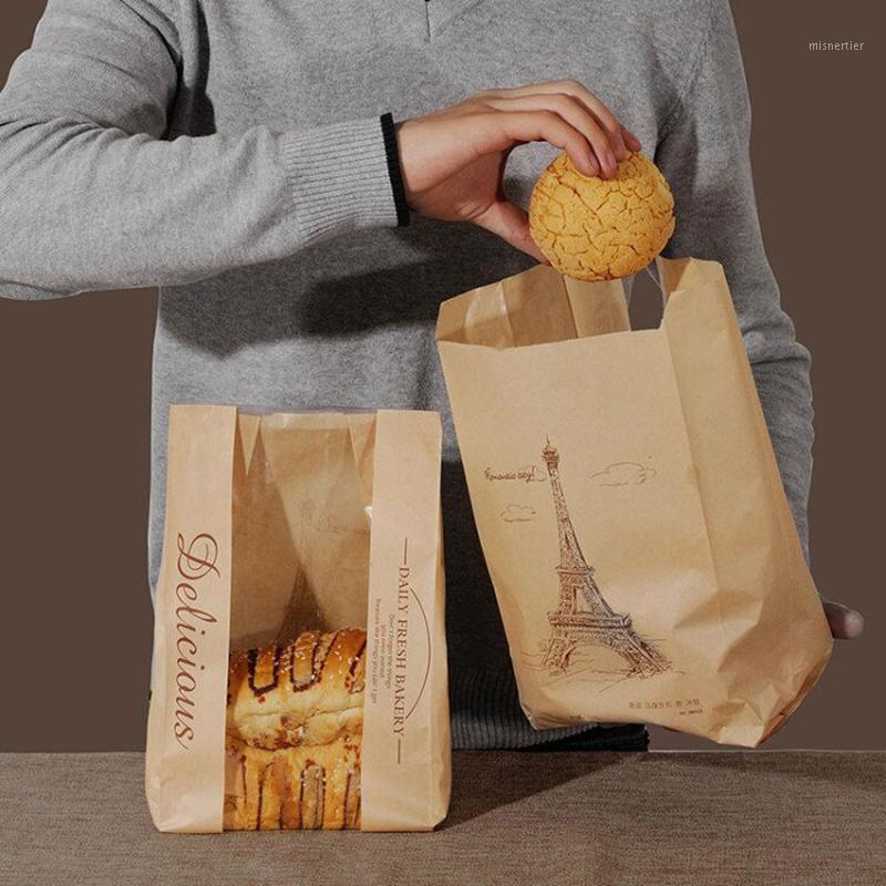 

Gift Wrap 20Pcs Kraft Bag Window Baking Packaging Toast Cookies Food Bread Paper Printed Package Bakery Iron Tower Decor Souvenir
