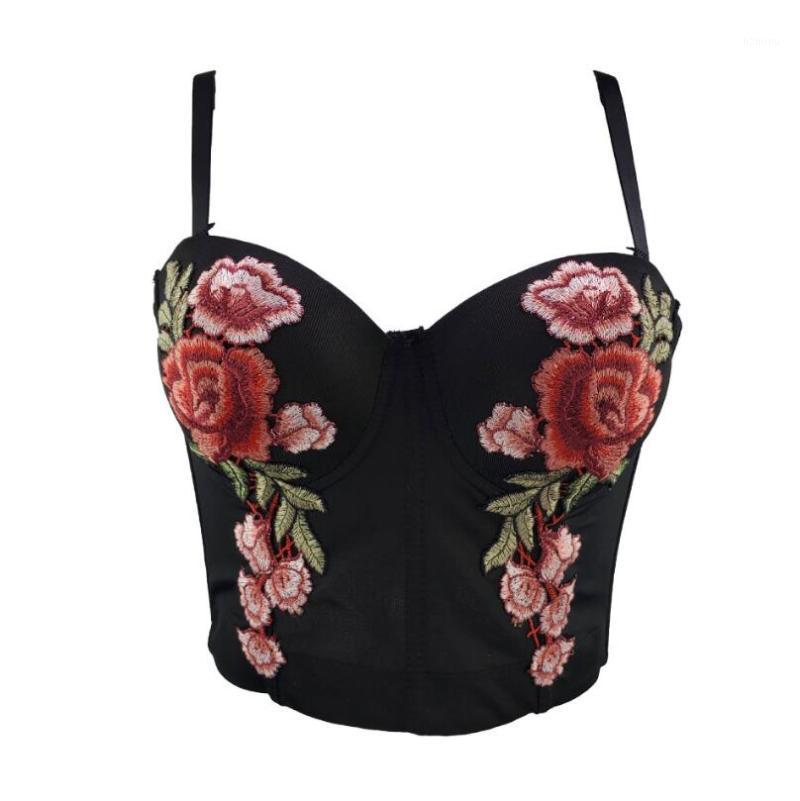 

Flower Embroidered Bra Tops Women' Slim-Fit Retro Outer Wear Camisole Fashion Sleeveless Bustier Crop P2465 Bustiers & Corsets, Black 2