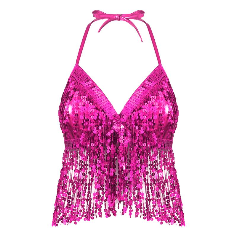 

Stage Wear Womens Fashion Wet Look Halter Neck And Back Tie Up Latin Belly Dance Bra Top With Sequins Tassel Party Club Costume, Black