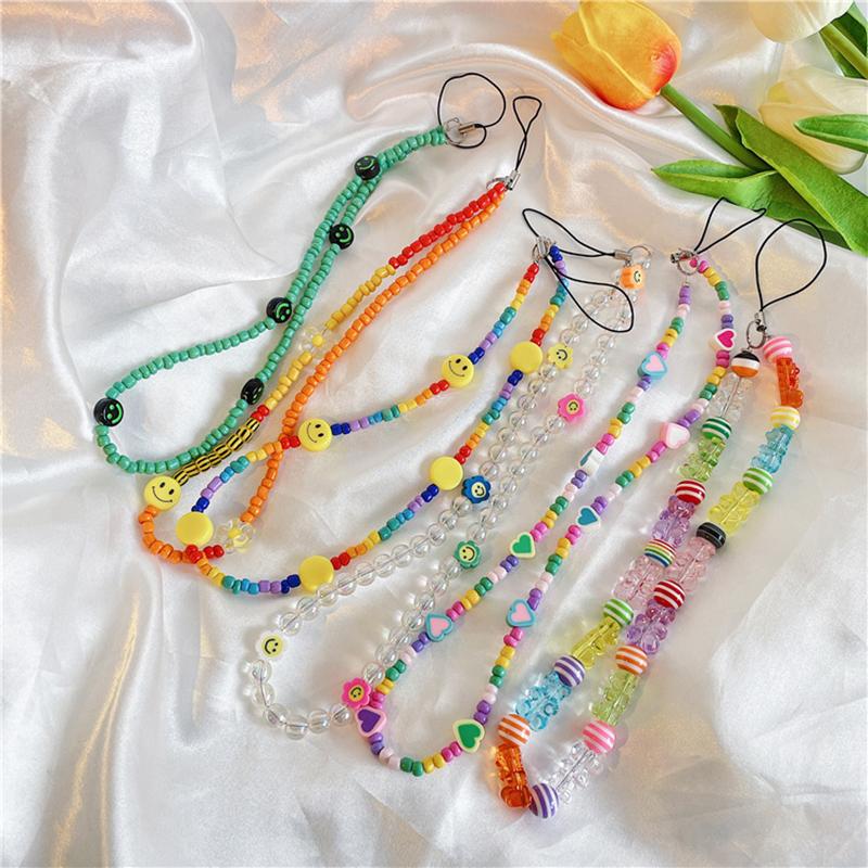 

Keychains Trendy Colorful Acrylic Beads Mobile Phone Chain For Women Girls Cellphone Strap Anti-lost Lanyard Hanging Cord Jewelry