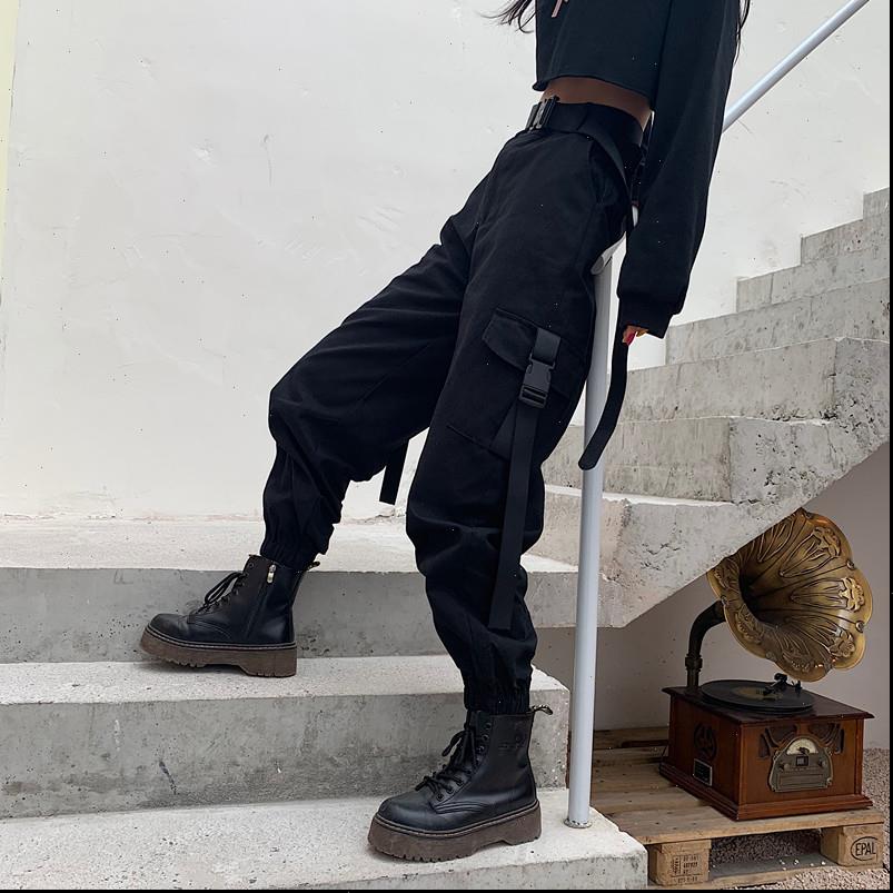 

big pockets cargo elastic women capri high waist loose streetwear summer baggy tactical trouser hip hop joggers, Black;white