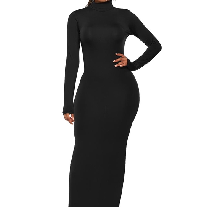 

Plus Size -5XL Long Sleeve Turtleneck Stretchy Long Dress 2021 Summer Women Solid Casual Slim Bodycon Package Hip Maxi Dresses, Yd5231 gray