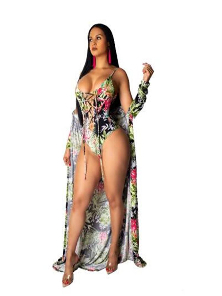 

Fashion Print Floral Bikini 2pcs Women Sexy Beach Swimwear Female Set Bandage Bodysuit With Cardigan Swimsuit Cover Up Sarongs, Blue;gray